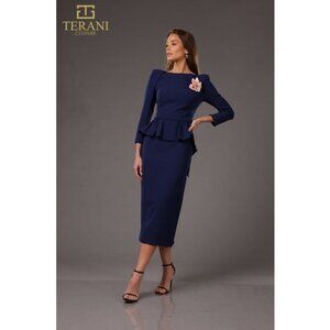 Long Sleeve Navy Peach Peplum Cocktail Tea Length Dress